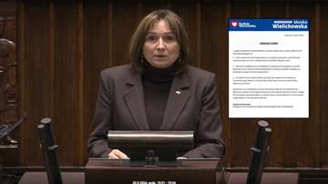Monika Wielichowska podczas przem&oacute;wienia, obok jej oświadczenie dotyczące wybor&oacute;w w Koalicji Obywatelskiej.
