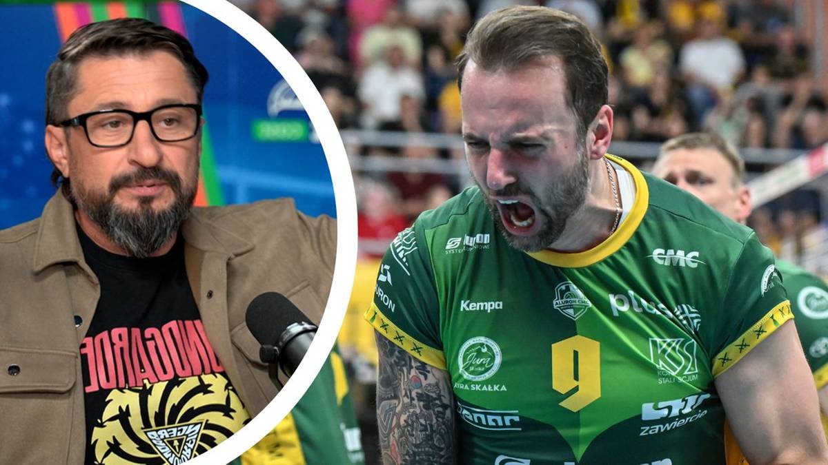 Portret Jakuba Bednaruka z brodą i okularami w okręgu po lewej, oraz zbliżenie na siatkarza w zielonej koszulce z numerem 9 po prawej.