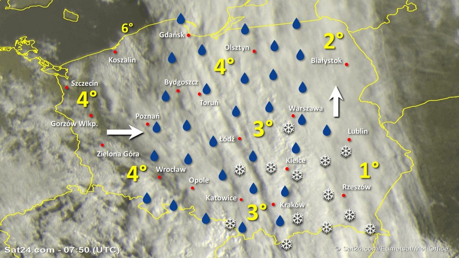 Zdjęcie satelitarne Polski w dniu 21 lutego 2020 o godzinie 8:50. Dane: Sat24.com / Eumetsat.