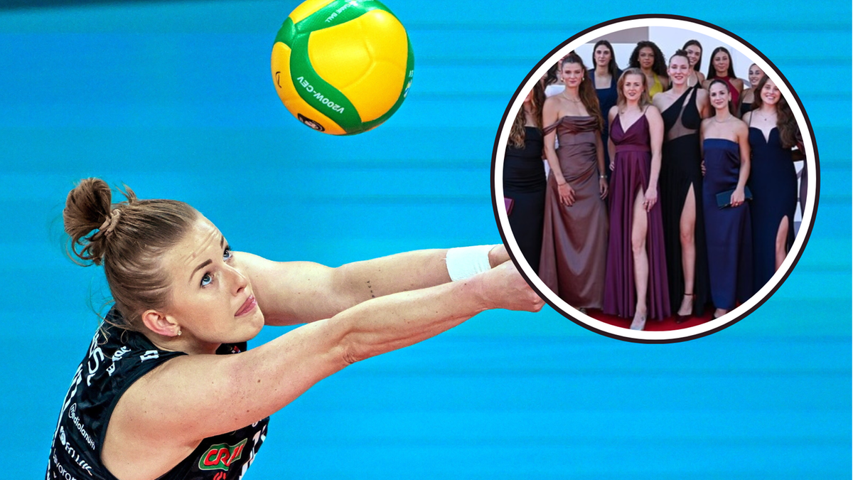 Joanna Wołosz, polska siatkarka, przyjmuje zagrywkę. W prawym górnym rogu zdjęcie Joanny Wołosz w gronie innych kobiet w wieczorowych kreacjach, stojących na czerwonym dywanie.