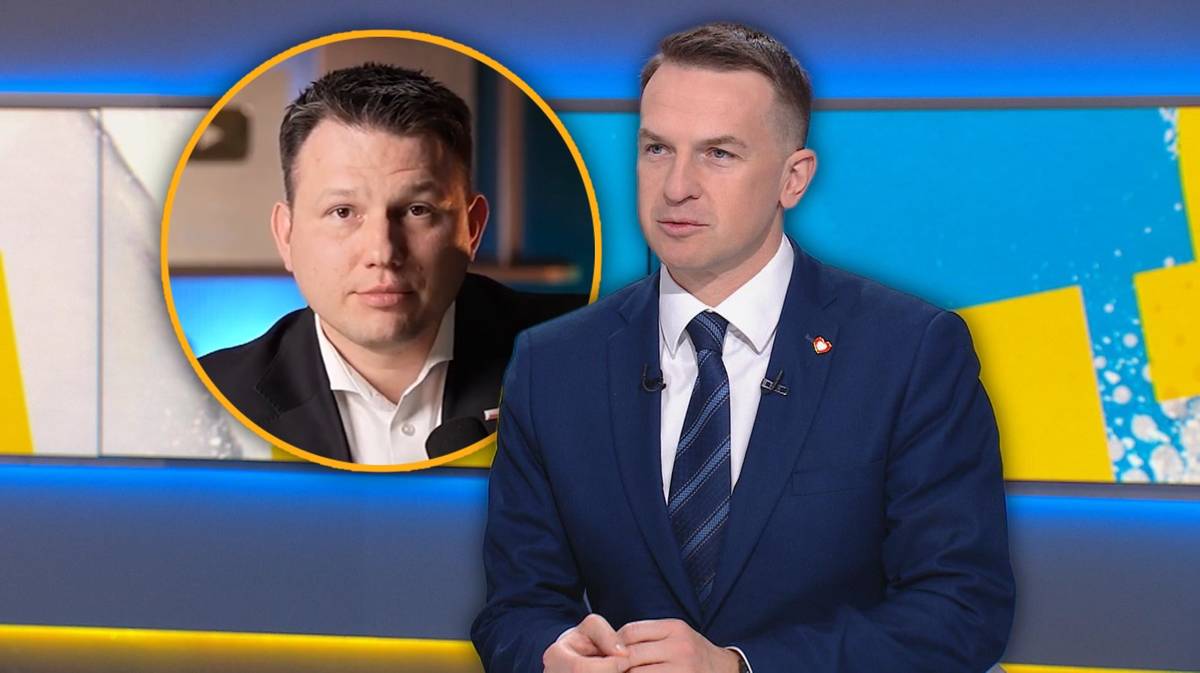 Dwaj mężczyźni w garniturach, jeden w okrągłym kadrze, drugi na pierwszym planie.