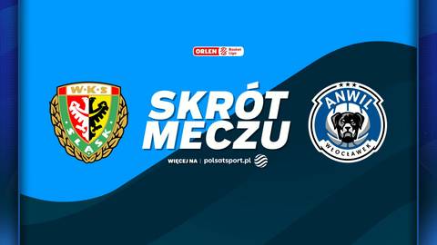 Logotypy klub&oacute;w koszykarskich Śląsk Wrocław i Anwil Włocławek obok napisu SKR&Oacute;T MECZU.