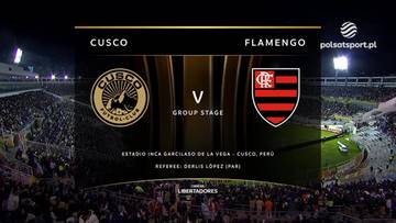 Plansza informacyjna z logotypami drużyn piłkarskich Cusco i Flamengo, informacją o fazie grupowej oraz danymi meczowymi.