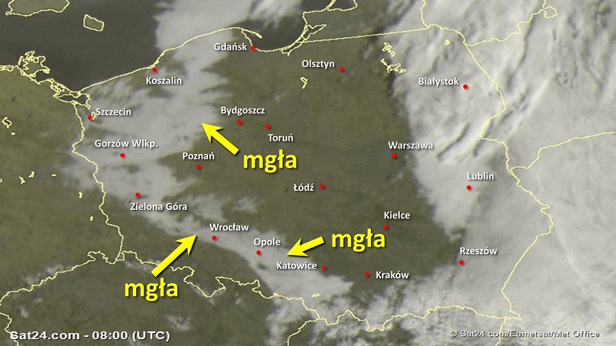 Zdjęcie satelitarne Polski w dniu 27 lutego 2019 o godzinie 9:00. Dane: Sat24.com / Eumetsat.