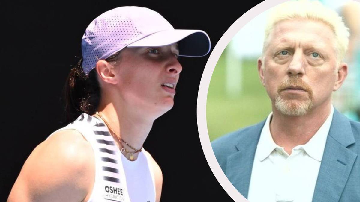 Iga Świątek w białej koszulce i czapce z daszkiem, po prawej stronie w okrągłym kadrze Boris Becker.