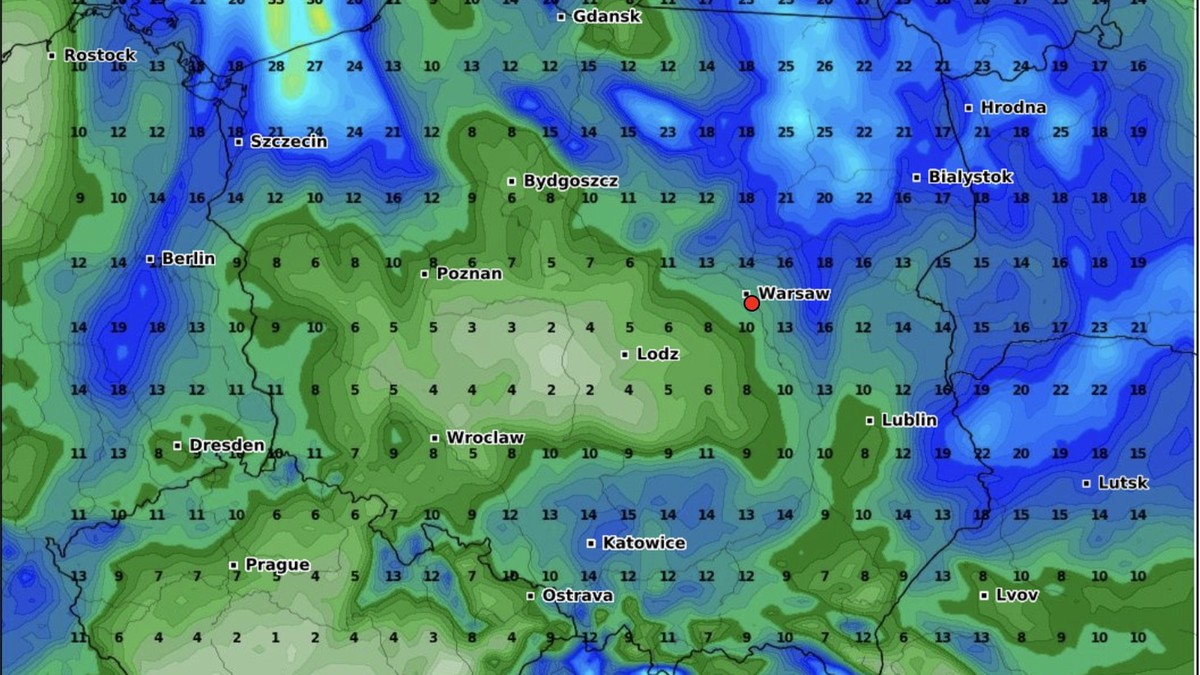 Mapa pogody pokazująca opady deszczu i temperatury w Polsce i sąsiednich krajach. Kolory wskazują intensywność opad&oacute;w, a liczby temperatury w stopniach Celsjusza. Obszary oznaczane ciemnoniebieskim kolorem wskazują intensywne opady deszczu.