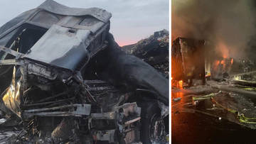 Zderzenie ciężarówek na autostradzie A1. Pojazdy stanęły w płomieniach