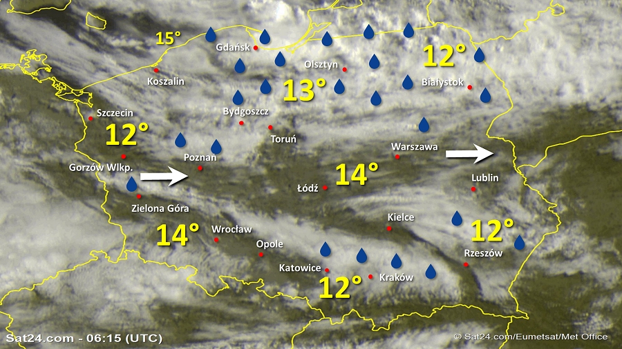 Zdjęcie satelitarne Polski w dniu 9 lipca 2019 o godzinie 8:15. Dane: Sat24.com / Eumetsat.