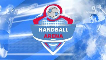 Grafika promocyjna Handball Arena z sylwetkami szczypiornist&oacute;w na niebieskim tle.