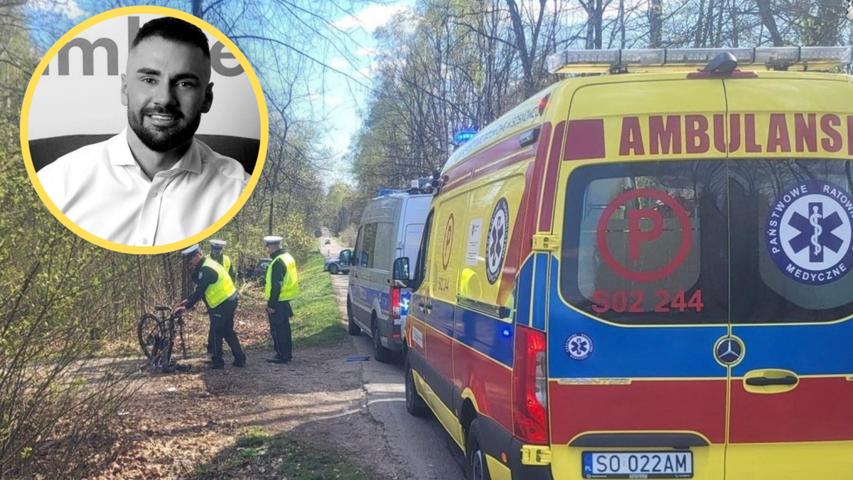 Fragment twarzy Łukasza Litewki w prawym g&oacute;rnym rogu, obok widok miejsca wypadku z policją i karetką pogotowia.