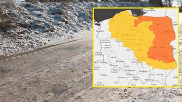 Mapa Polski z zaznaczonymi obszarami objętymi ostrzeżeniami IMGW przed mrozem.