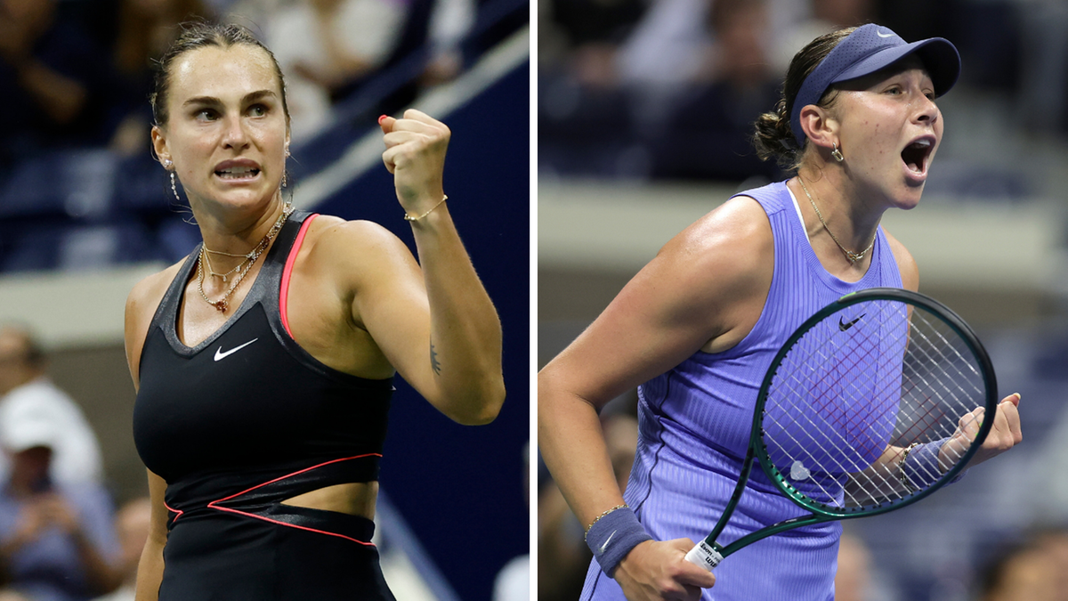 Dwie tenisistki: Aryna Sabalenka (po lewej) i Amanda Anisimova (po prawej) na korcie tenisowym, obie wyrażają silne emocje podczas gry.