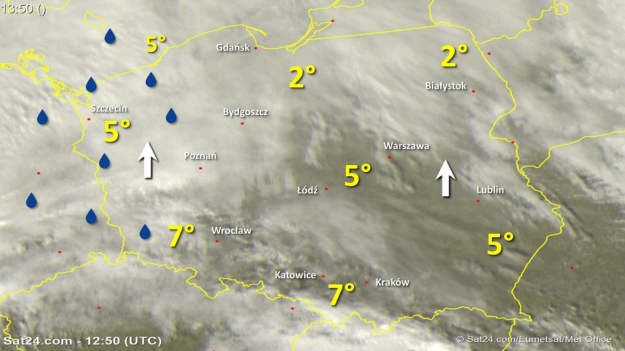 Zdjęcie satelitarne w dniu 31 stycznia 2018 o godzinie 13:50. Dane: Sat24.com / Eumetsat.