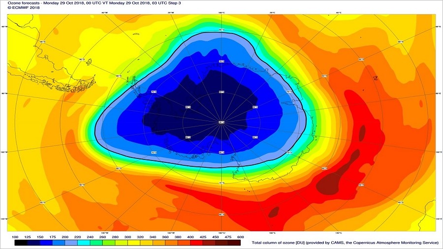 Dziura ozonowa nad Antarktyką w dniu 29 października 2018 roku. Fot. Copernicus Earth Observation Programme.