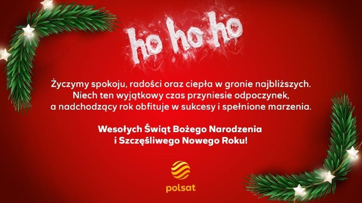 Ilustracja świąteczna z napisem "ho ho ho", życzeniami i gałązkami iglak&oacute;w.