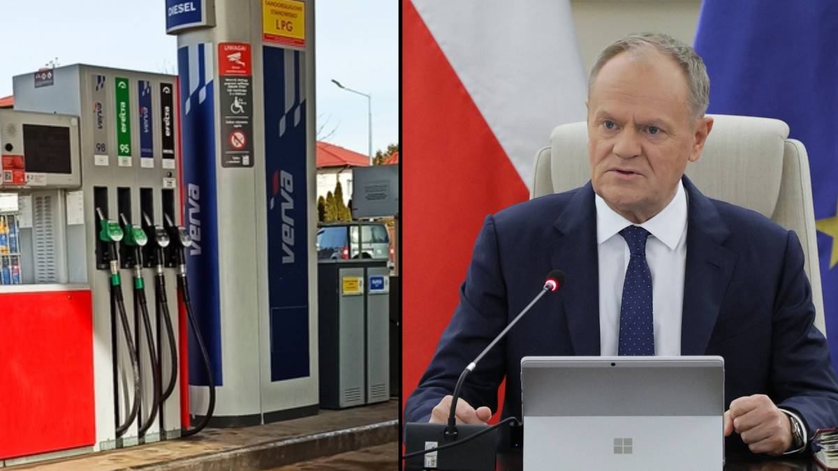 Dwie grafiki obok siebie: po lewej stronie stacja paliw z dystrybutorami, po prawej stronie Donald Tusk siedzący przy stole z laptopem.