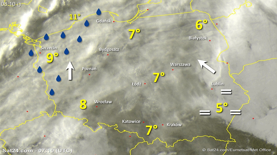 Zdjęcie satelitarne Polski w dniu 13 listopada 2018 o godzinie 8:10. Dane: Sat24.com / Eumetsat.