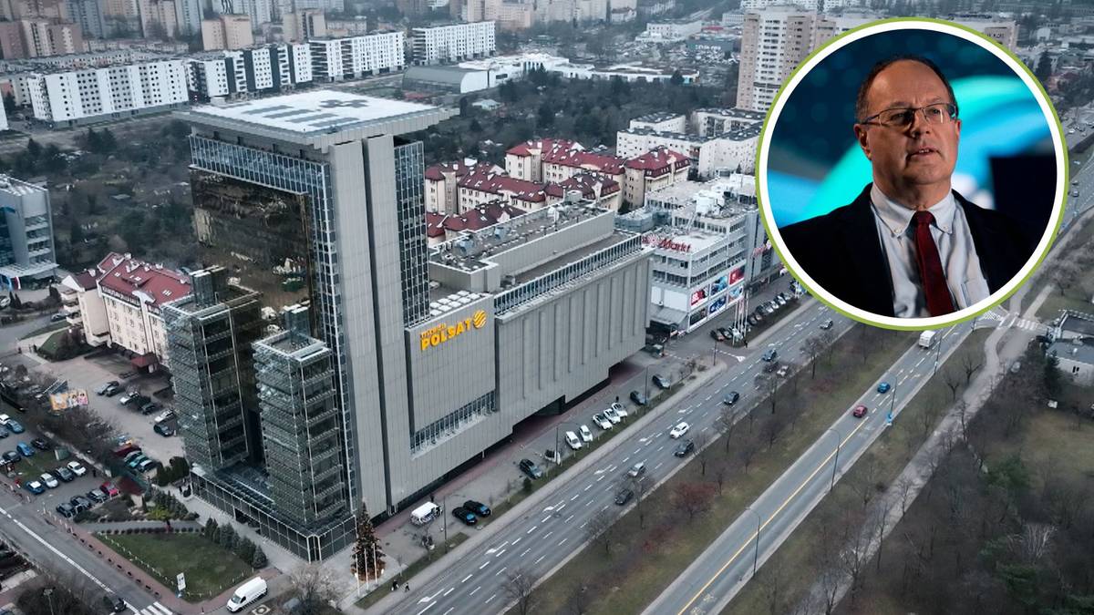 Budynek Polsatu Sport i portret Mariana Kmity.