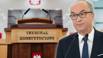 Fragment sali sejmowej z m&oacute;wnicą Trybunału Konstytucyjnego oraz zbliżenie na twarz mężczyzny w garniturze.