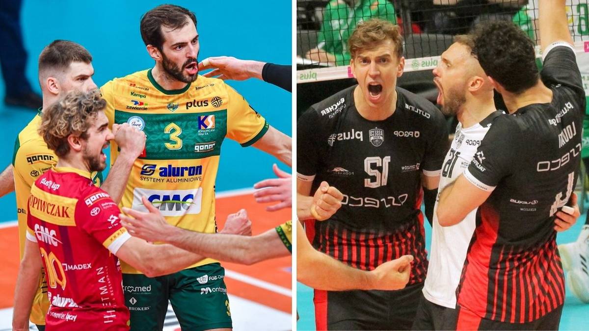 Fragmenty zdjęć przedstawiające zawodników siatkówki podczas meczu.