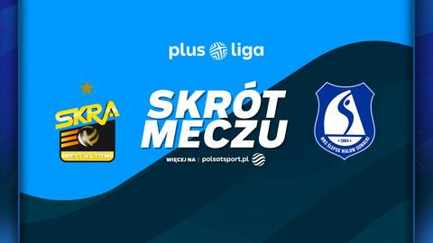Logo Plus Ligi, logo PGE Skra Bełchat&oacute;w, napis SKR&Oacute;T MECZU, logo MKS Ślepsk Malow Suwałki.