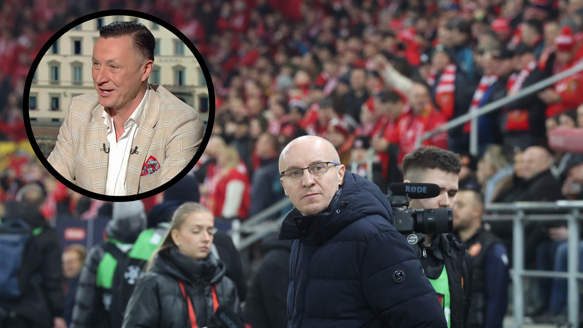Tomasz Hajto udzielający wywiadu oraz mężczyzna w okularach na tle stadionu z kibicami.
