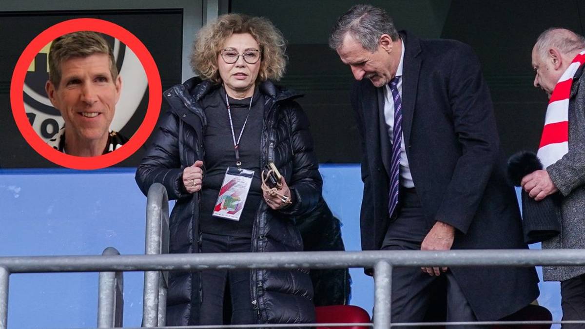 Grupowe zdjęcie os&oacute;b związanych z klubem sportowym Cracovia, w tym fotografia prezes Elżbiety Filipiak i dw&oacute;ch mężczyzn, z wizerunkiem Roberta Platka w okrągłym polu.