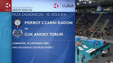 Plansza informacyjna z wynikiem meczu siatkówki Pierrot Czarni Radom vs CUK Anioły Toruń, zaplanowanego na 13 listopada 2025 roku. Obok planszy widok hali sportowej z meczem.