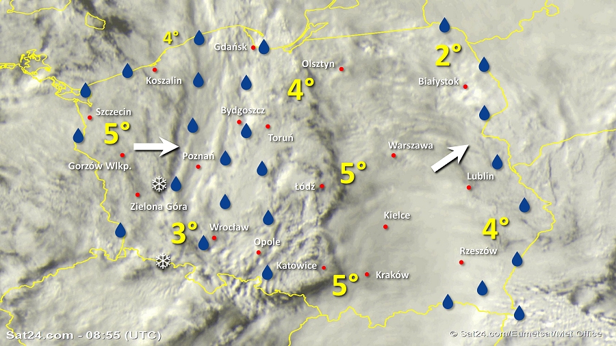 Zdjęcie satelitarne Polski w dniu 11 lutego 2019 o godzinie 9:55. Dane: Sat24.com / Eumetsat.