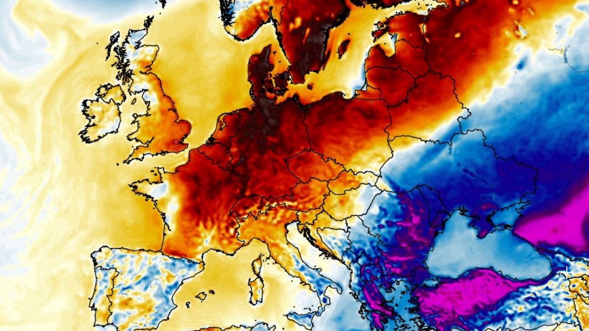 Mapa termiczna Europy pokazująca rozkład temperatur.