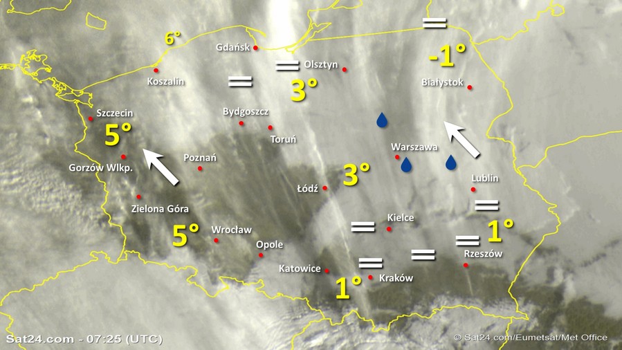 Zdjęcie satelitarne Polski w dniu 27 listopada 2019 o godzinie 8:25. Dane: Sat24.com / Eumetsat.