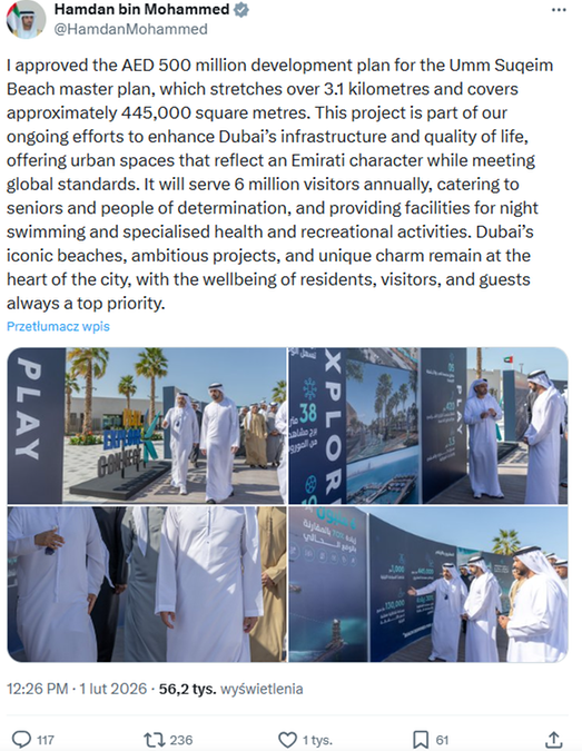 Następca tronu Dubaju, Hamdan bin Mohammed, zatwierdził plany modernizacji plaży