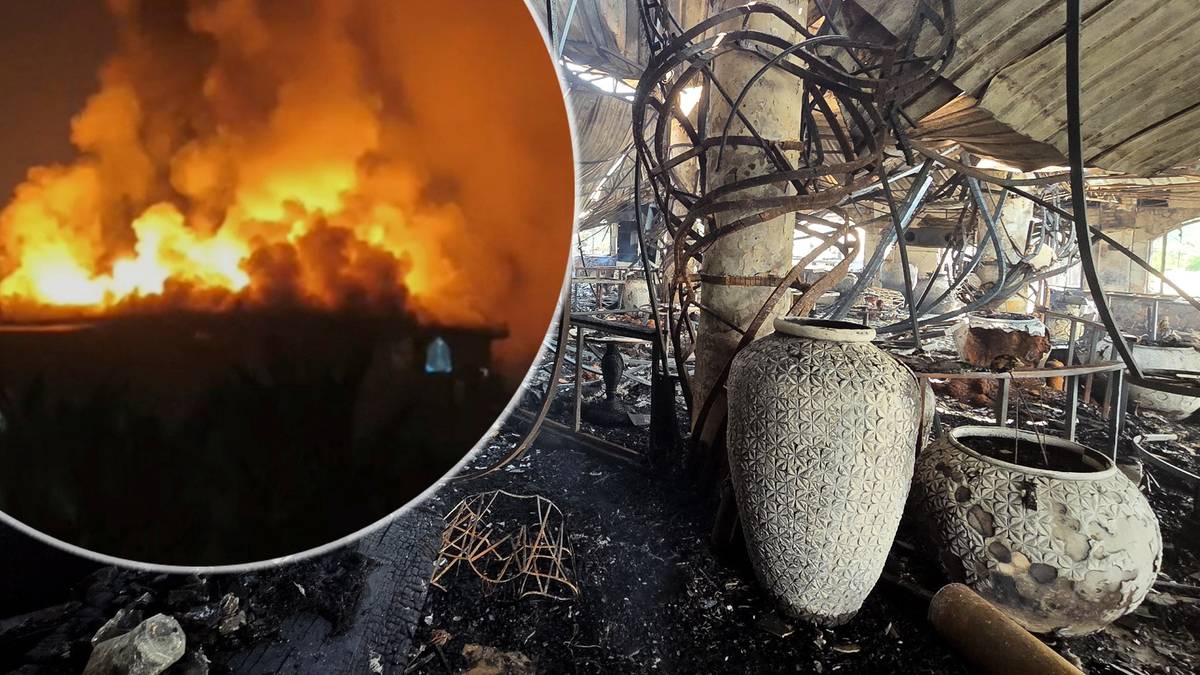 Widok na płonący budynek z dymem unoszącym się w powietrzu połączony z wnętrzem zniszczonego klubu z widocznymi wazonami i elementami konstrukcyjnymi.