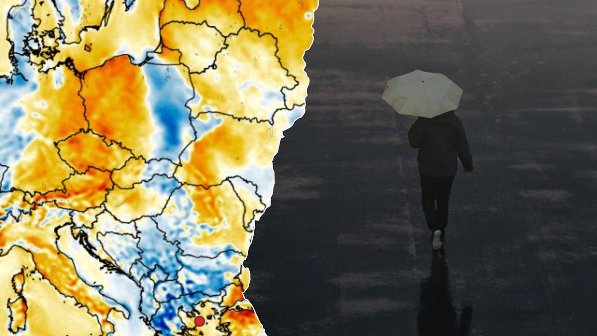 Mapa Europy z zaznaczonymi anomaliami temperatury oraz postać z parasolką w deszczu.