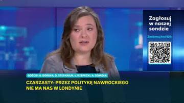 Kobieta przemawia w studiu telewizyjnym, z tekstem na dole ekranu informującym o temacie rozmowy.