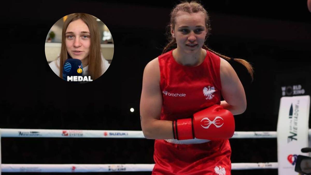 Julia Szeremeta w czerwonym stroju bokserskim i rękawicach wychodzi na ring. W lewym górnym rogu znajduje się okrągły portret z wizerunkiem Julii i logiem "MEDAL".