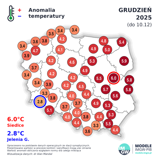 Mapa IMGW pokazująca anomalie temperatur w Polsce w grudniu 2025 roku