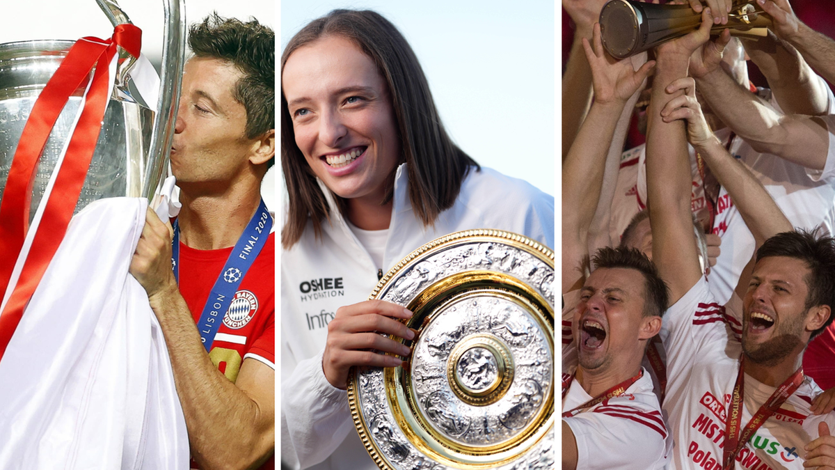 Trzy portrety sportowców: piłkarz całujący trofeum Ligi Mistrzów, tenisistka trzymająca puchar, grupa piłkarzy wznosząca trofeum.