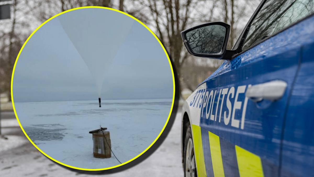 Balon z ładunkiem papieros&oacute;w na zamarzniętym jeziorze, obok policyjny pojazd.