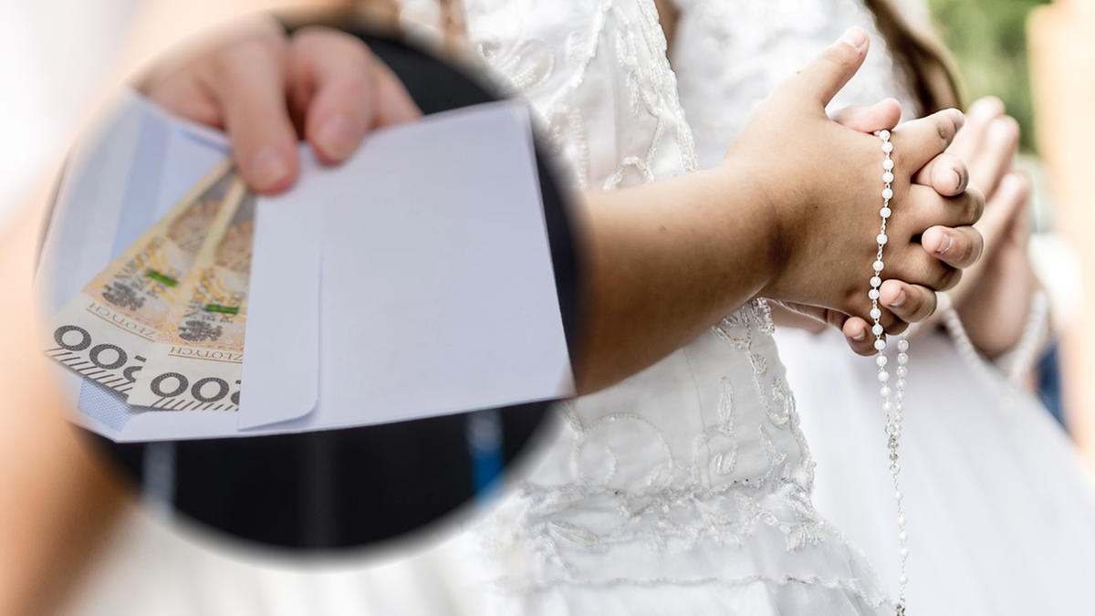 Zbliżenie na dłonie trzymające kopertę z pieniędzmi, obok ręce dziecka ubrane w białą sukienkę komunijną, trzymające różaniec.