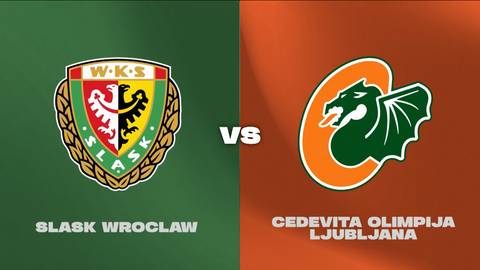 Herb klubu Śląsk Wrocław po lewej stronie i logo drużyny Cedevita Olimpija Lublana po prawej stronie, z napisem "VS" pośrodku.