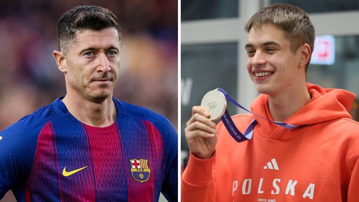 Dwa portrety. Po lewej Robert Lewandowski w stroju FC Barcelony, po prawej młody mężczyzna w pomarańczowej bluzie z napisem "POLSKA" trzymający srebrny medal na wstążce.