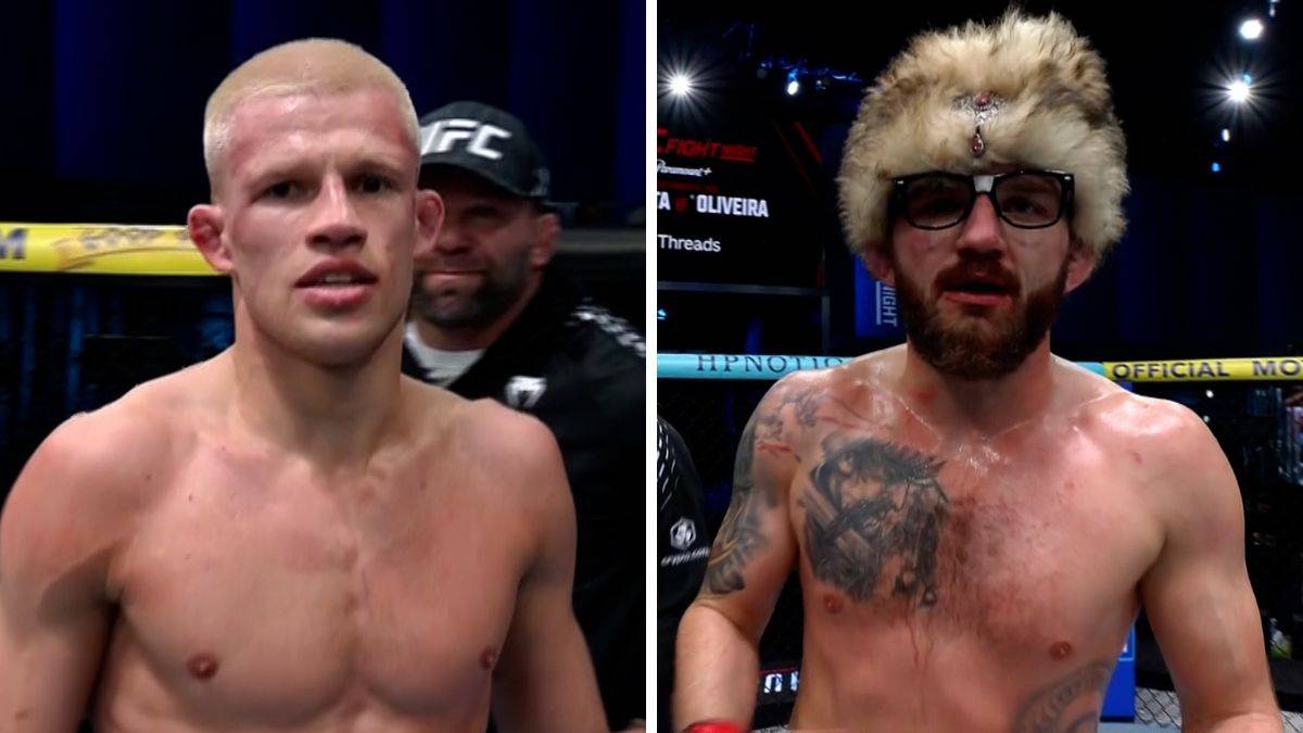 Dwaj zawodnicy MMA, jeden z kr&oacute;tkimi blond włosami, drugi z brodą i futrzaną czapką.