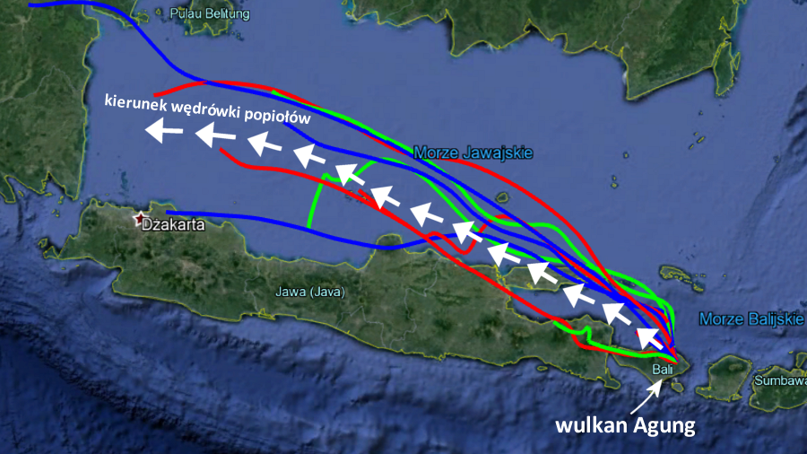 Prognozowana trajektoria przemieszczania się potencjalnych popiołów z wulkanu Agung. Fot. NOAA / HYSPLIT.