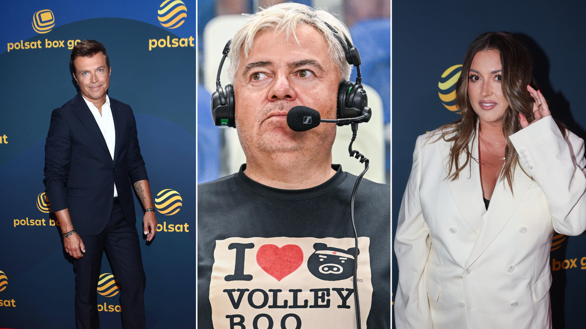 Trzy portrety osób: po lewej elegancki mężczyzna w garniturze, w środku mężczyzna w słuchawkach i koszulce z napisem "I LOVE VOLLEYBOO", po prawej kobieta w białej marynarce.