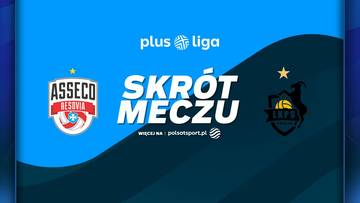 Logo Asseco Resovia Rzesz&oacute;w obok napisu SKR&Oacute;T MECZU i logo Bogdanka LUK Lublin na tle niebieskim.