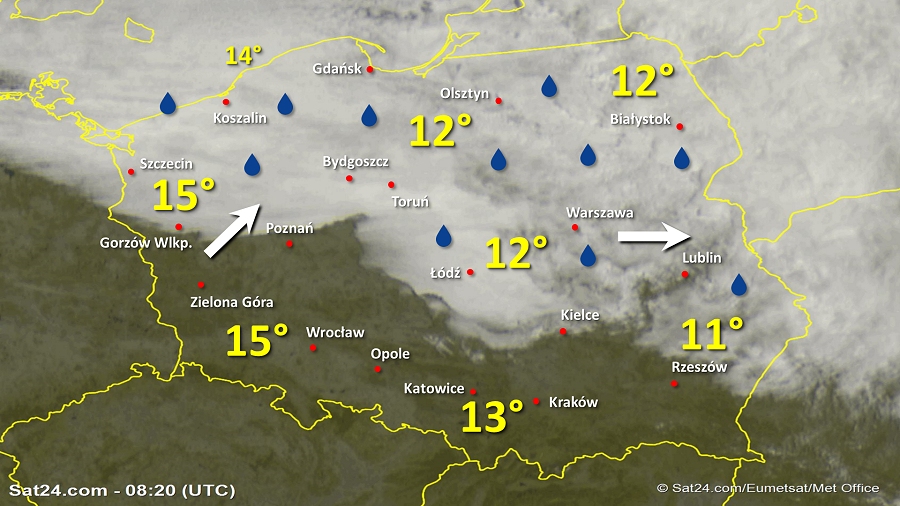 Zdjęcie satelitarne Polski w dniu 21 września 2019 o godzinie 10:20. Dane: Sat24.com / Eumetsat.