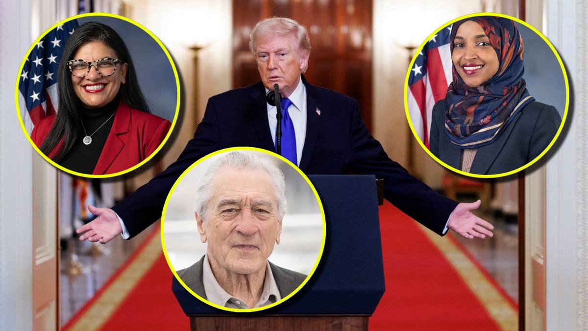 Donald Trump przemawia, z jego wizerunkiem otoczonym przez zdjęcia kongresmenek Ilhan Omar i Rashidy Tlaib oraz aktora Roberta De Niro.
