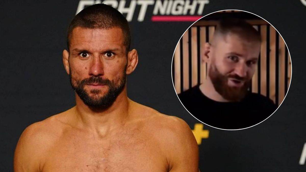 Bokser Jan Błachowicz patrzy na widza. W prawym górnym rogu znajduje się okrągłe zdjęcie przedstawiające uśmiechniętego Mateusza Gamrota.