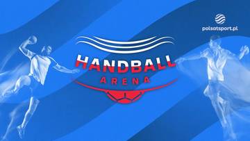 Grafika promująca magazyn "Handball Arena" z sylwetkami zawodnik&oacute;w piłki ręcznej i tytułem programu.